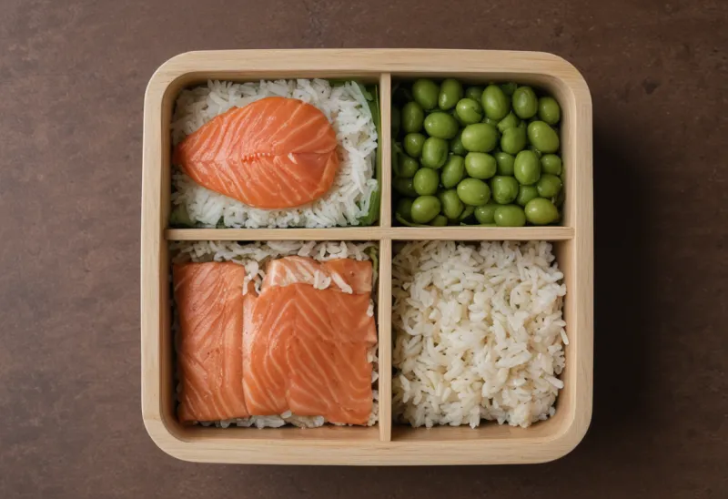 A wooden bento lunch box with separate compartments of salmon, rice, edamame and sliced cucumber, seen from above