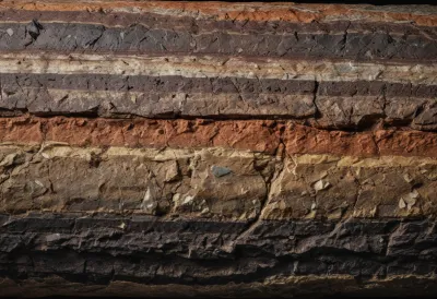 A cylindrical rock core sample showing banded coloured strata, resting on a plain surface.