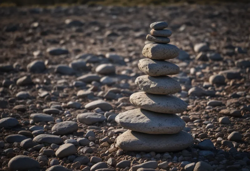 A small cairn of stacked flat weathered stones standing on bare open ground, lit by one hard shaft of light