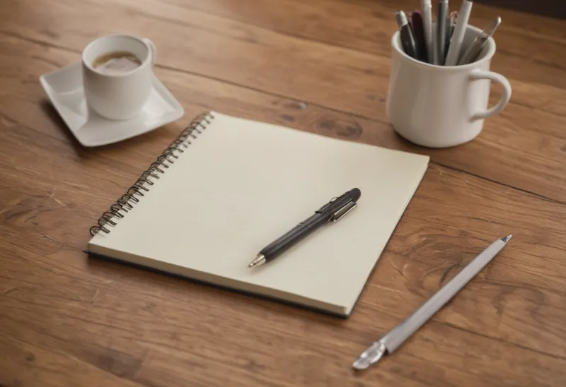 An open blank paper notebook lying on a wooden kitchen table.