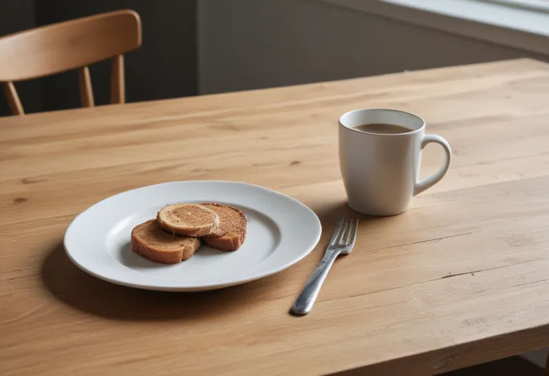 A single plate of simple food beside one coffee mug on a bare, sunlit wooden table with nothing else on it