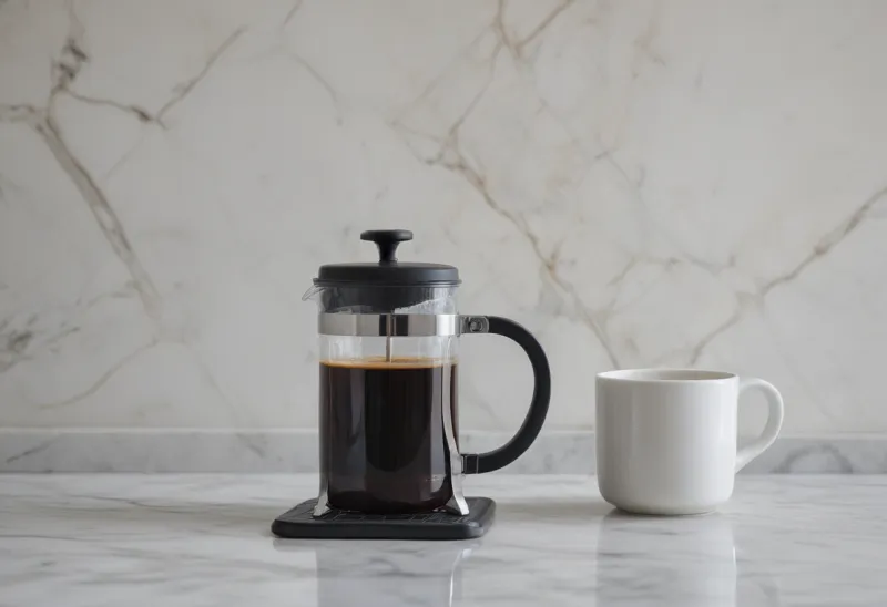 A single French press of black coffee on a marble counter with one empty white mug set to its left, in soft morning light