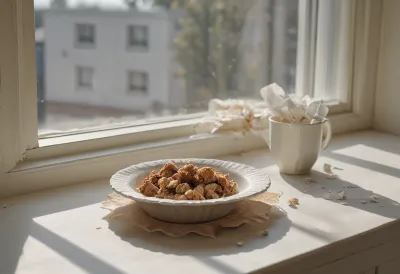 A used paper plate holding crumbs and a crumpled napkin, left on a windowsill in cold grey morning light