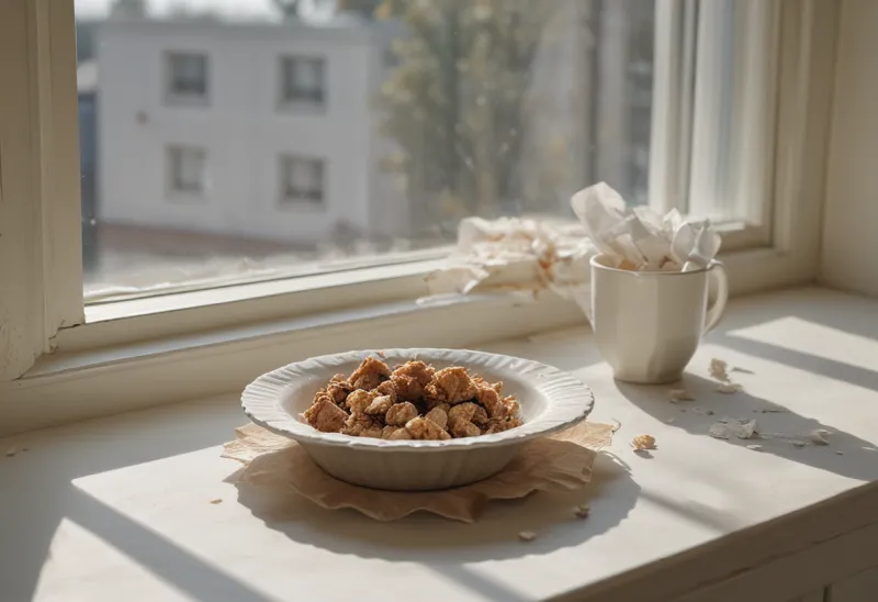 A used paper plate holding crumbs and a crumpled napkin, left on a windowsill in cold grey morning light