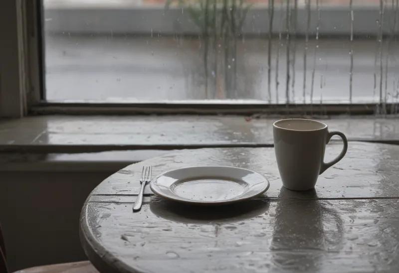 A single place setting — cutlery, folded napkin and an empty glass — on a worn café table beside a rain-streaked window in flat afternoon light.