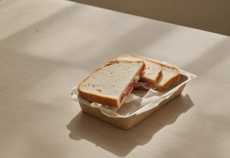 A half-eaten sandwich still in its paper wrapper on a cluttered desk beside a set of car keys, lit by harsh midday light