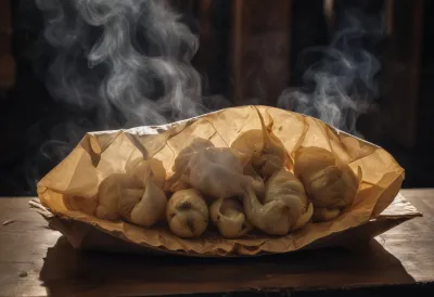 A glossy unidentifiable street-food dish served on a folded paper wrapper under warm bulb light at a night market stall