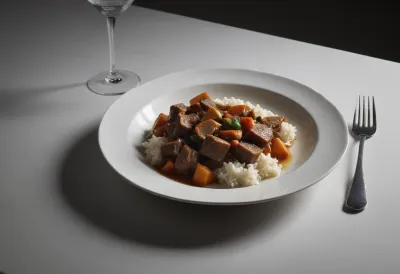 A single dinner plate holding one uneven ladleful of stew, with three-quarters of the plate left as bare white ceramic.