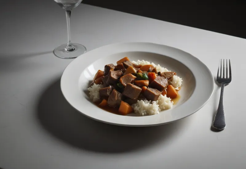 A single dinner plate holding one uneven ladleful of stew, with three-quarters of the plate left as bare white ceramic.