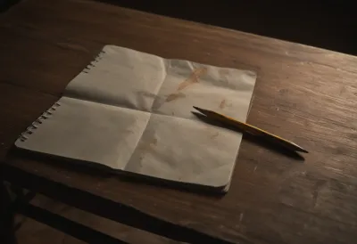 A short pencil resting in the crease of an open notebook with blank pages, on a worn wooden kitchen table