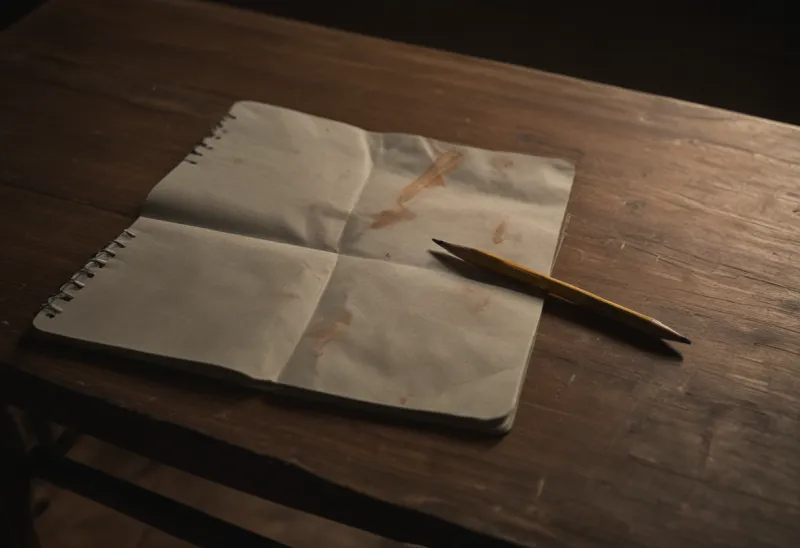 A short pencil resting in the crease of an open notebook with blank pages, on a worn wooden kitchen table