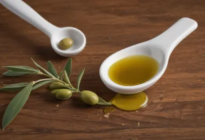 A white ceramic spoon filled with golden olive oil resting on a wooden counter.