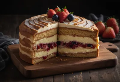 A slice of layered sponge cake with distinct bands of filling on a plain wooden cutting board.