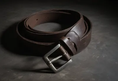 A worn leather belt coiled loosely on dark stone under hard sidelight, the strap deeply creased where the buckle once sat