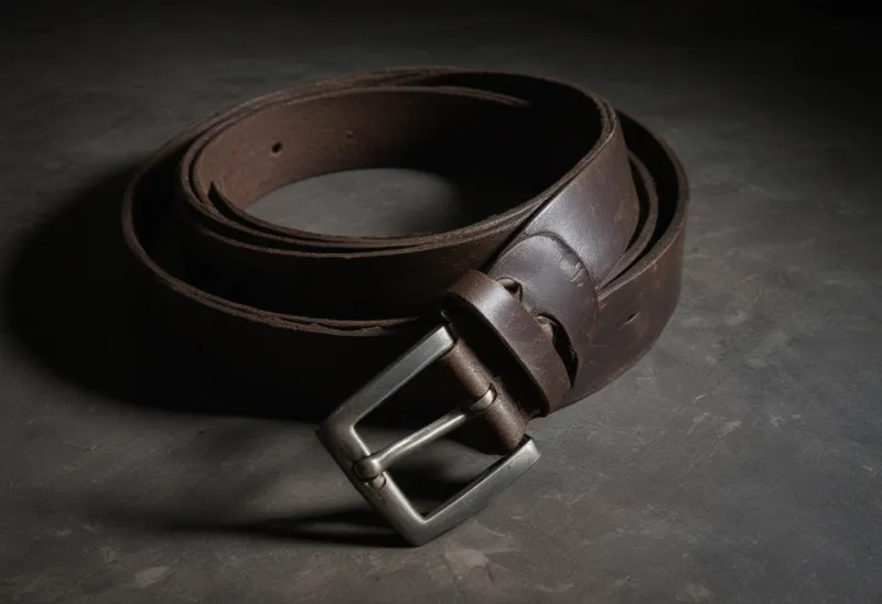 A worn leather belt coiled loosely on dark stone under hard sidelight, the strap deeply creased where the buckle once sat