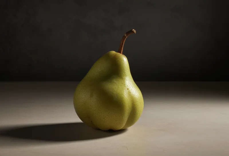 A single ripe pear on a dark surface.