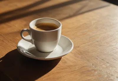 A single espresso cup on a wooden table casting a long low shadow in warm late-afternoon light