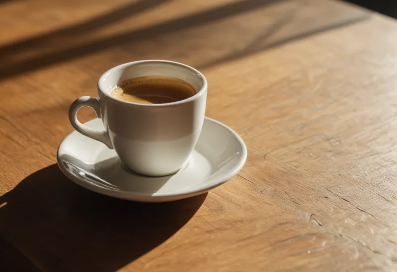 A single espresso cup on a wooden table casting a long low shadow in warm late-afternoon light