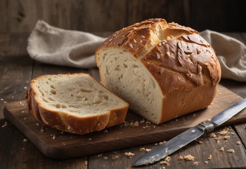 A rustic loaf of bread cut open on a worn wooden board, crumbs scattered around it in bright morning daylight