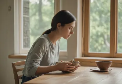 A person seen in side profile eating a simple bowl of food at a wooden table beside a window in soft daylight