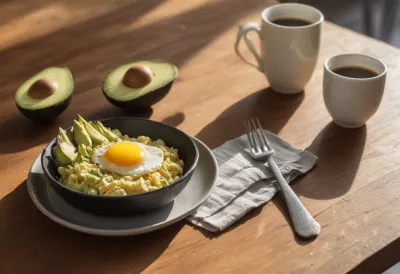 A small skillet of scrambled eggs beside a halved avocado and a coffee mug on a sunlit wooden table