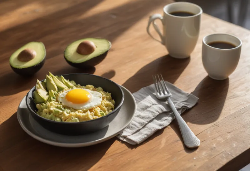 A small skillet of scrambled eggs beside a halved avocado and a coffee mug on a sunlit wooden table