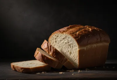 A whole rustic loaf on a dark board with a single thin slice cut and propped against its side