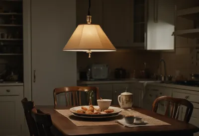 A kitchen table late at night, used plates pushed to one side, lit by a single warm overhead lamp in an otherwise dark room.