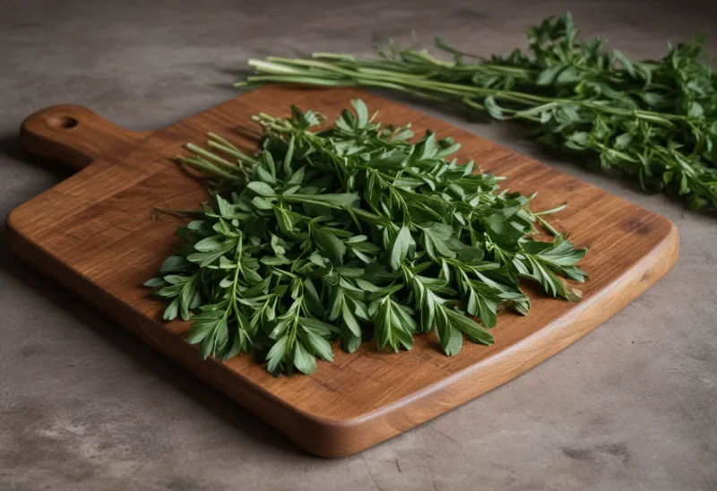 A wooden cutting board with a sprig of fresh herbs on a dark surface.