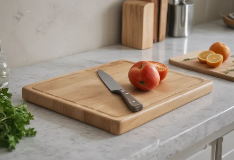 A plain rectangular wooden chopping board resting on a kitchen counter.