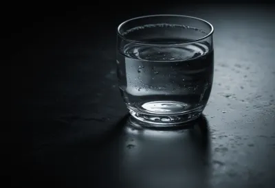 A single plain clear glass full of water on a dark surface, a small water ring beside it, under hard side light