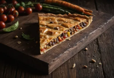 A single wedge cut from a rustic savory tart resting on bare wood, its cut face showing distinct layers of grains, beans and vegetables