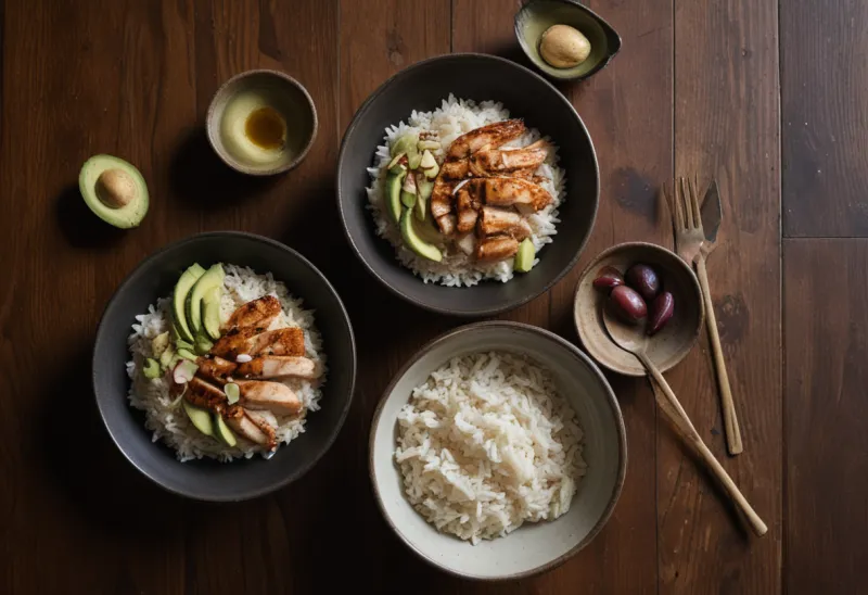 Three ceramic bowls on dark wood holding grilled chicken, steamed rice, and halved avocado with olive oil, shot from above