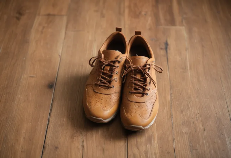 A single leather running shoe on a wooden floor.