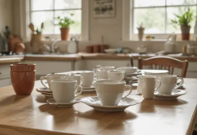Several small used plates and cups left scattered across a wooden kitchen table in late afternoon light