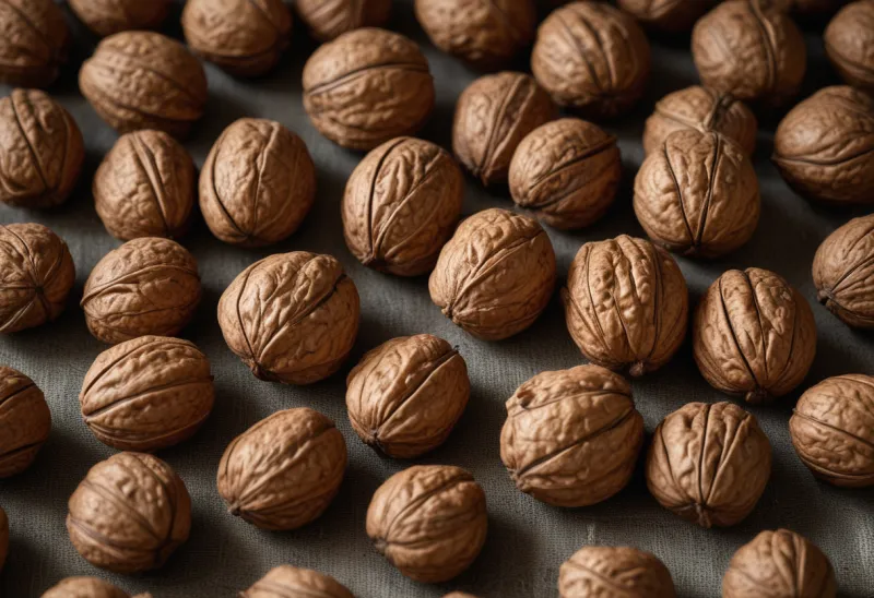A heap of whole walnuts in their wrinkled shells on a rough linen cloth.