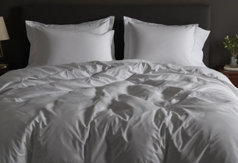 A neatly made bed with a plain duvet in a quiet bedroom.