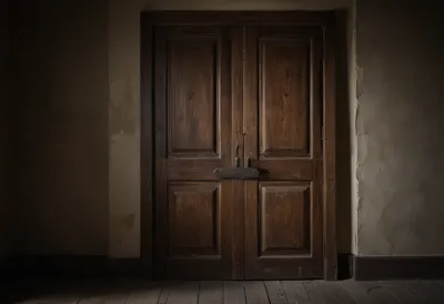 A heavy panelled wooden door seen head-on, filling the frame against a bare plaster wall.