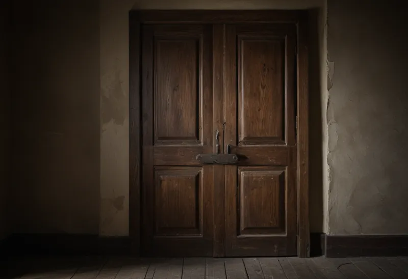 A heavy panelled wooden door seen head-on, filling the frame against a bare plaster wall.