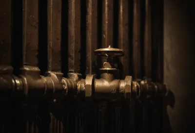 A worn brass radiator valve turned half open against chipped cast-iron fins.