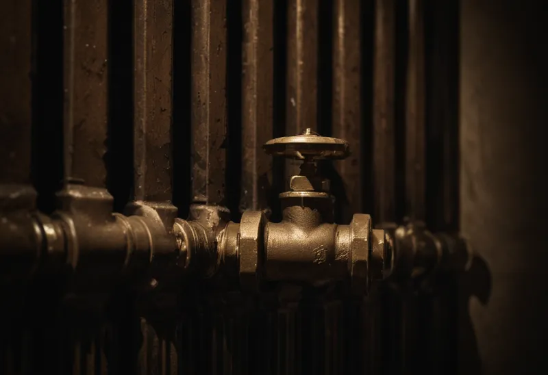 A worn brass radiator valve turned half open against chipped cast-iron fins.