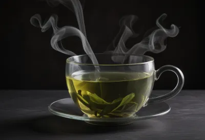 A single clear cup of green tea with thin curls of steam rising, lit by warm raking sidelight against a dark surface