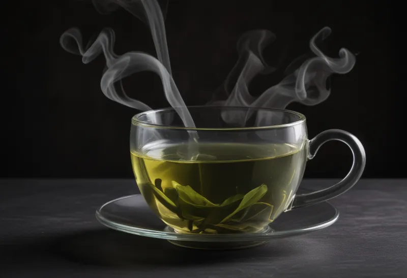 A single clear cup of green tea with thin curls of steam rising, lit by warm raking sidelight against a dark surface