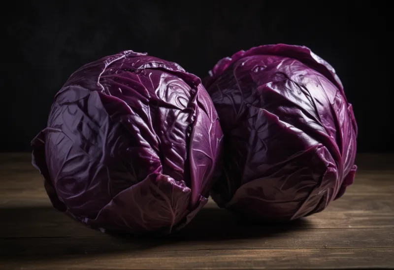 A whole head of red cabbage on a plain wooden table.