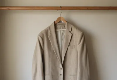 A narrow vintage wool suit jacket hanging alone on a wooden hanger against a bare plaster wall