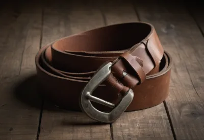 A coiled worn leather belt showing a deep crease at one hole with the buckle fastened at a tighter one