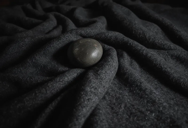 A dark river stone half sunk into a thick grey wool blanket under hard sidelight, the fabric dimpled deeply around it