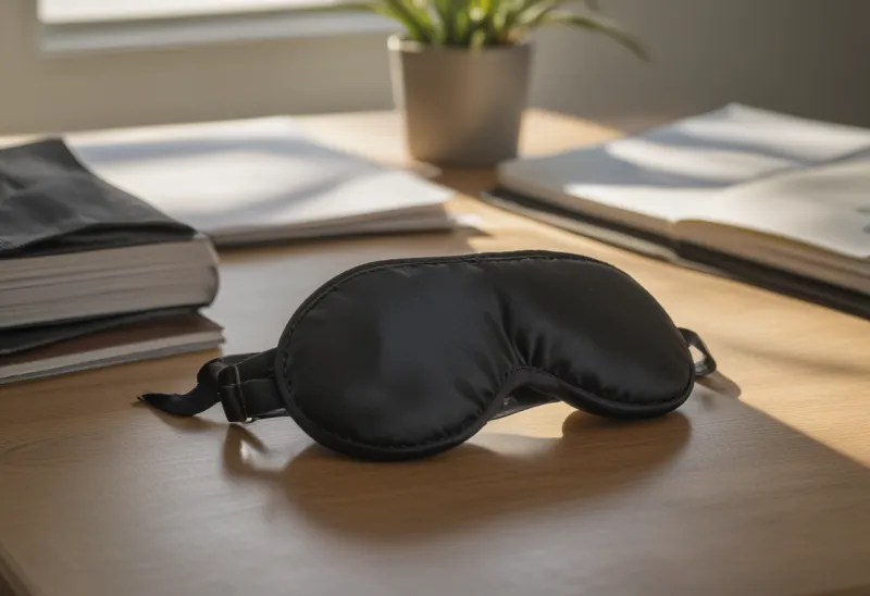 A black satin sleep mask left folded on a sunlit office desk in hard midday light
