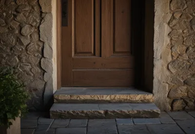 A stone doorstep at the foot of a plain wooden doorway.