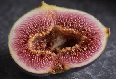 A fresh fig torn open on pale grey stone, photographed close so the dense pink seeded interior fills the frame.